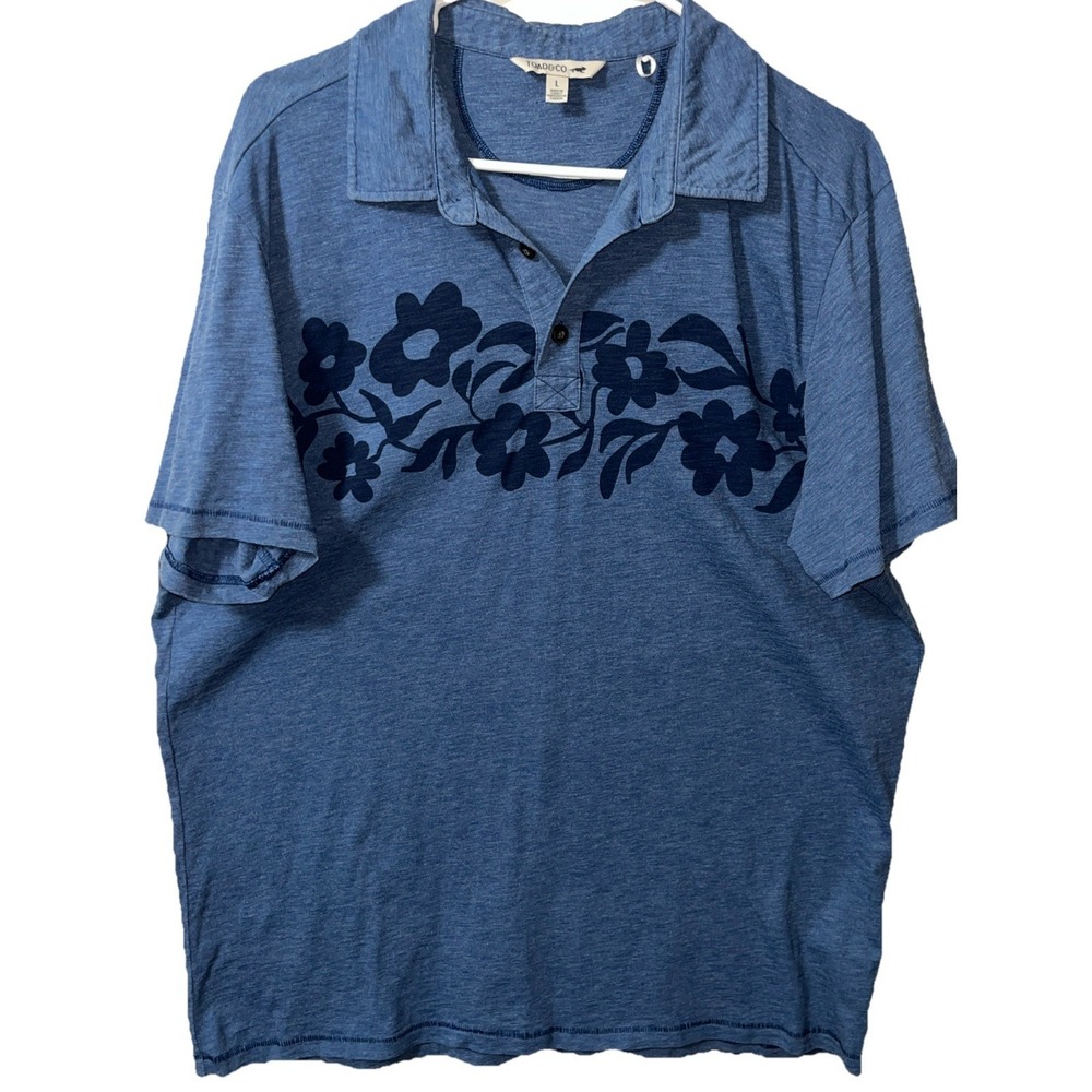 Toad&Co Mens Polo L Blue Organic Cotton Blend Floral Golf Beach‎ Vacation Preppy